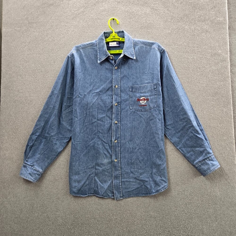 VINTAGE Hard Rock Cafe Men Button Up‎ Shirt XL 90s Denim London Embroidered Logo